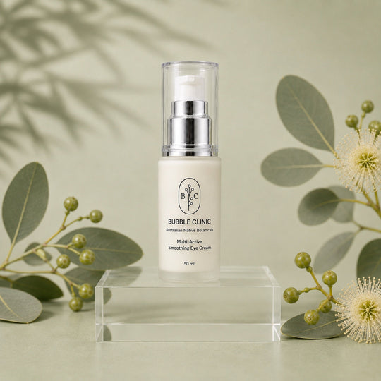 Bubble Clinic Multi-Active Smoothing Eye Cream 50 mL with Australian native botanical styling on a muted sage background