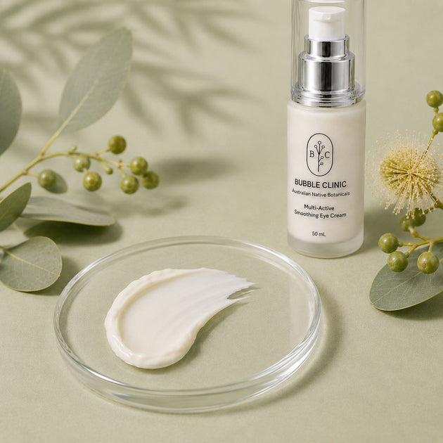 Bubble Clinic Multi-Active Smoothing Eye Cream rich creamy texture with 50 mL frosted pump bottle on muted sage botanical background