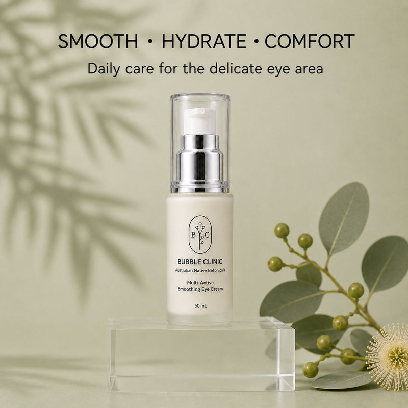 Bubble Clinic Multi-Active Smoothing Eye Cream key benefits for smoothing, hydration and comfort around the delicate eye area