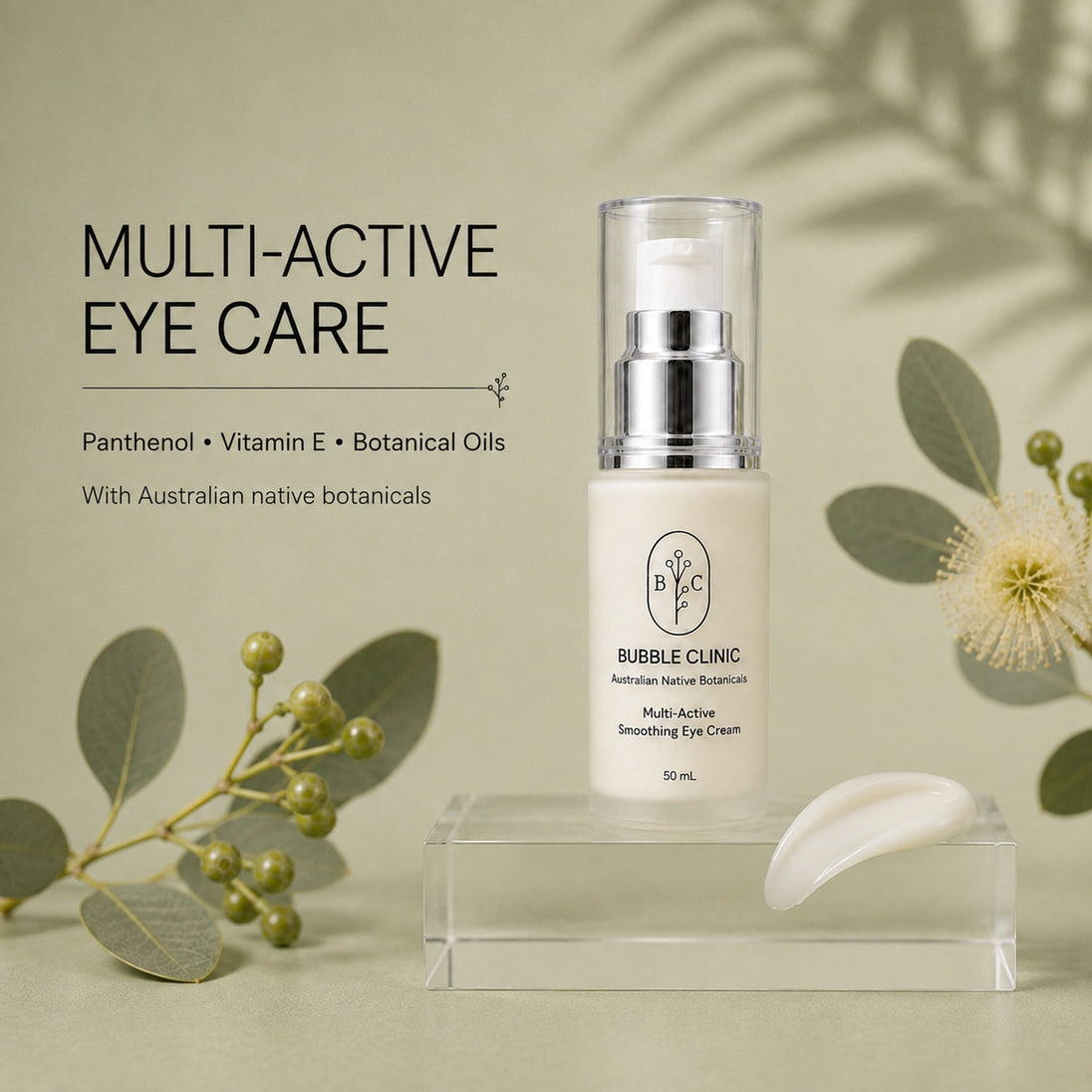 Bubble Clinic Multi-Active Smoothing Eye Cream with panthenol, vitamin E and botanical oils for daily eye care