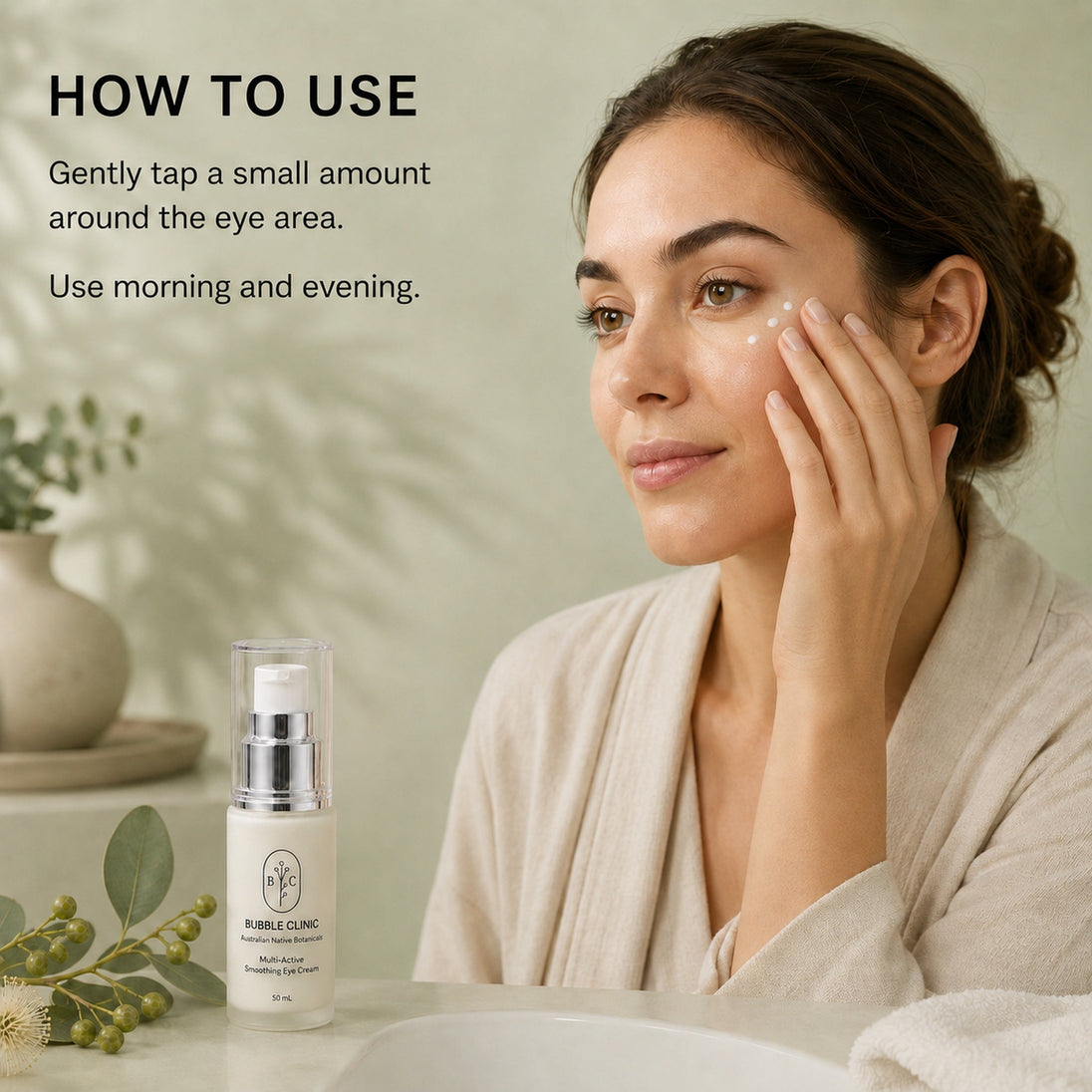 Woman gently tapping Bubble Clinic Multi-Active Smoothing Eye Cream around the eye area in a morning and evening skincare routine