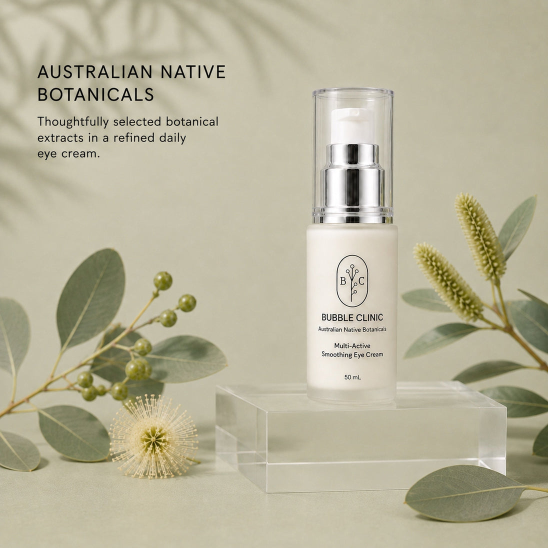 Bubble Clinic Multi-Active Smoothing Eye Cream from the Australian Native Botanicals collection with refined botanical styling