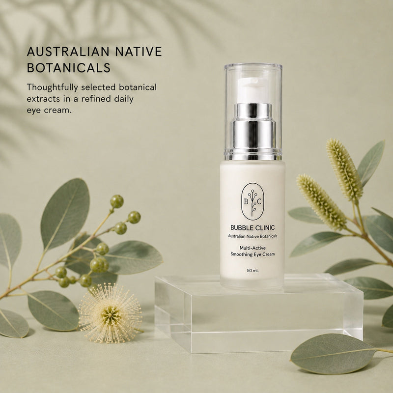 Bubble Clinic Multi-Active Smoothing Eye Cream from the Australian Native Botanicals collection with refined botanical styling