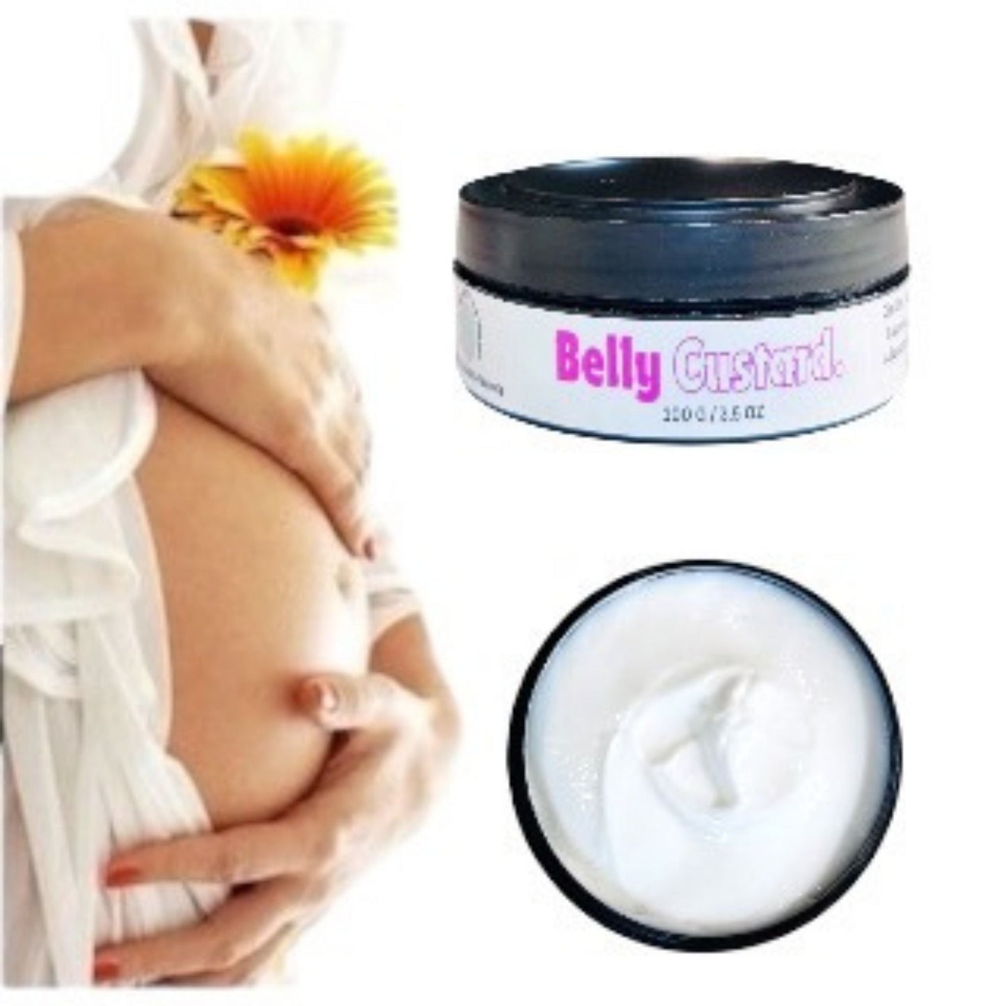 Close-up of a pregnant mum's belly with hands gently placed, one holding an orange flower, alongside an open jar of natural, comforting cream with a light, creamy white consistency.