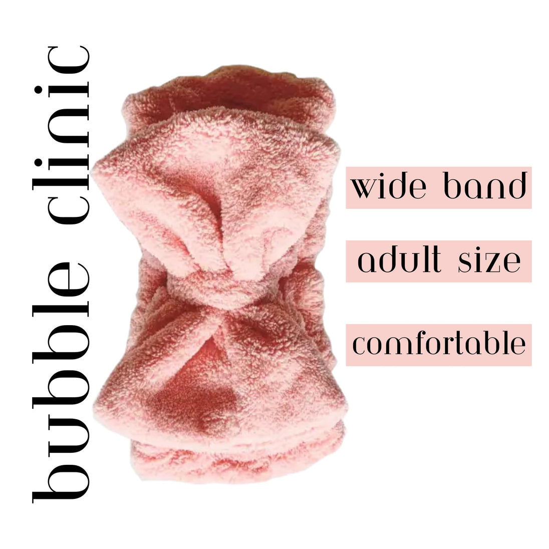 Pink wide band with text indicating size and comfort on a white background