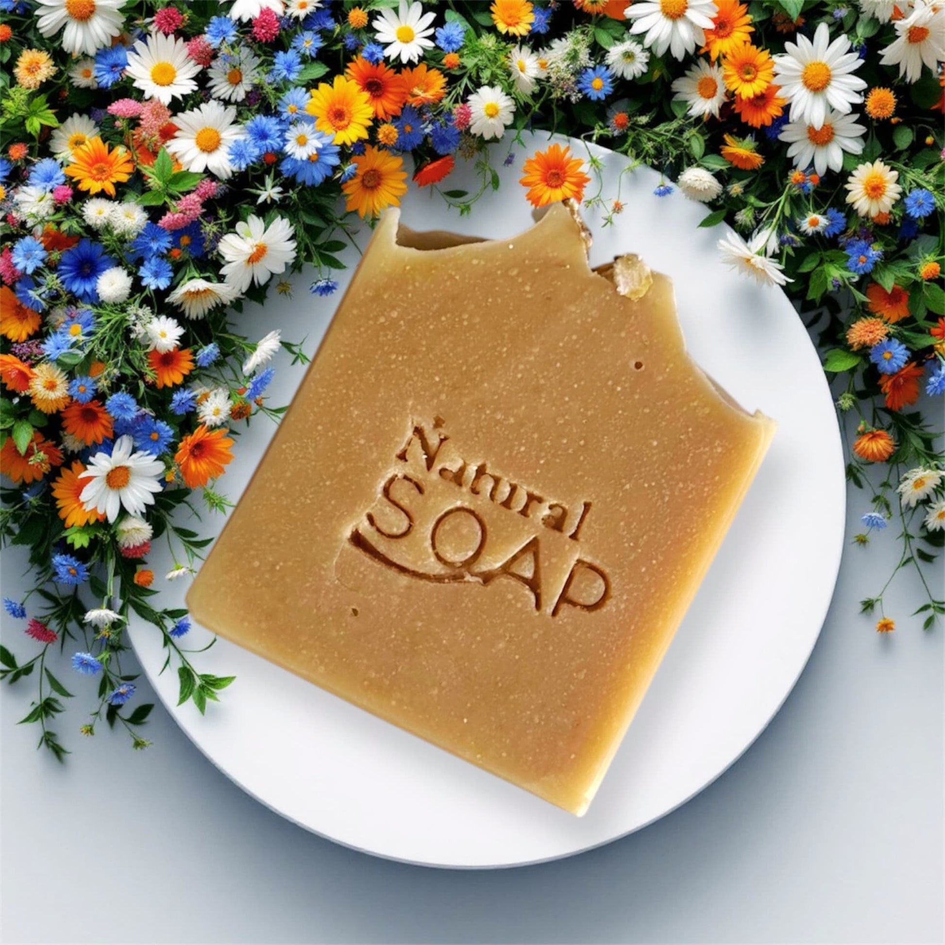Close up of front of soothing goat milk oats and honey soap on white dish with flowers representing organic care for dry itchy eczema prone skin.