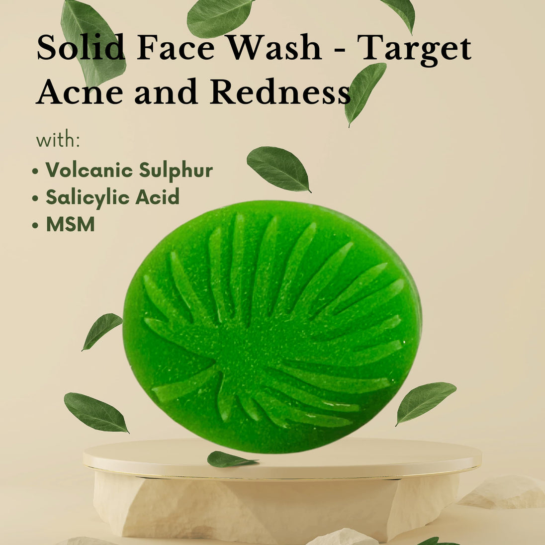 Green solid face wash on a stand with text about ingredients and benefits on a beige background