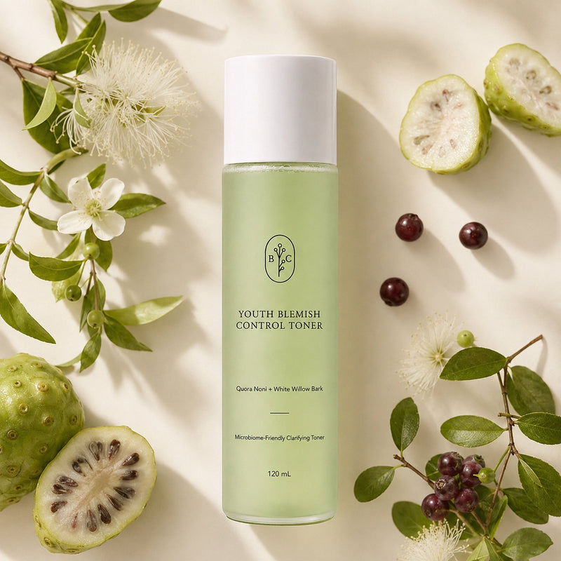 Noni skincare clarifying toner flat lay with Quora Noni and Australian botanical extracts for oily blemish prone skin
