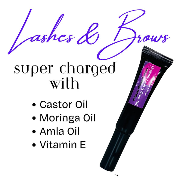 showing luxurious black brow and lash tube with nourishing organic ingredients listed  castor oil, moringa oil, amla oil and vitamin e. clean beauty australian skincare.