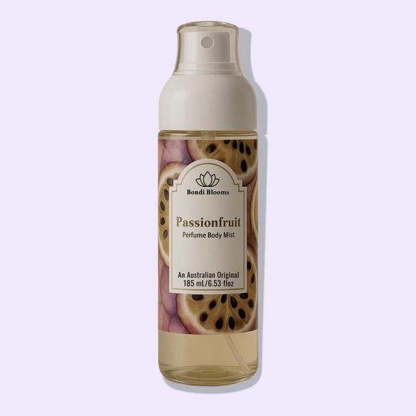 Passionfruit perfume body mist bottle with label on a light purple background representing best Australian Perfume Body Mists