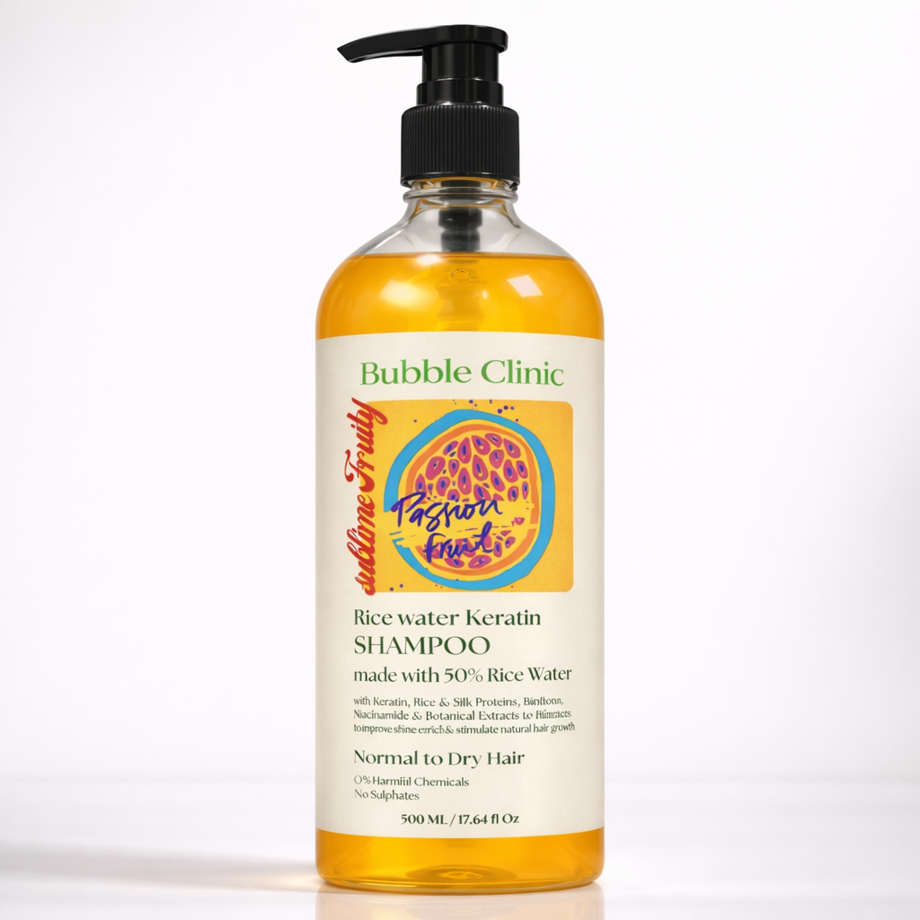 Bottle of Bubble Clinic shampoo with a pump on a white background