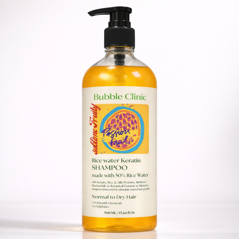 Passionfruit Rice Water + Keratin Shampoo pump bottle.