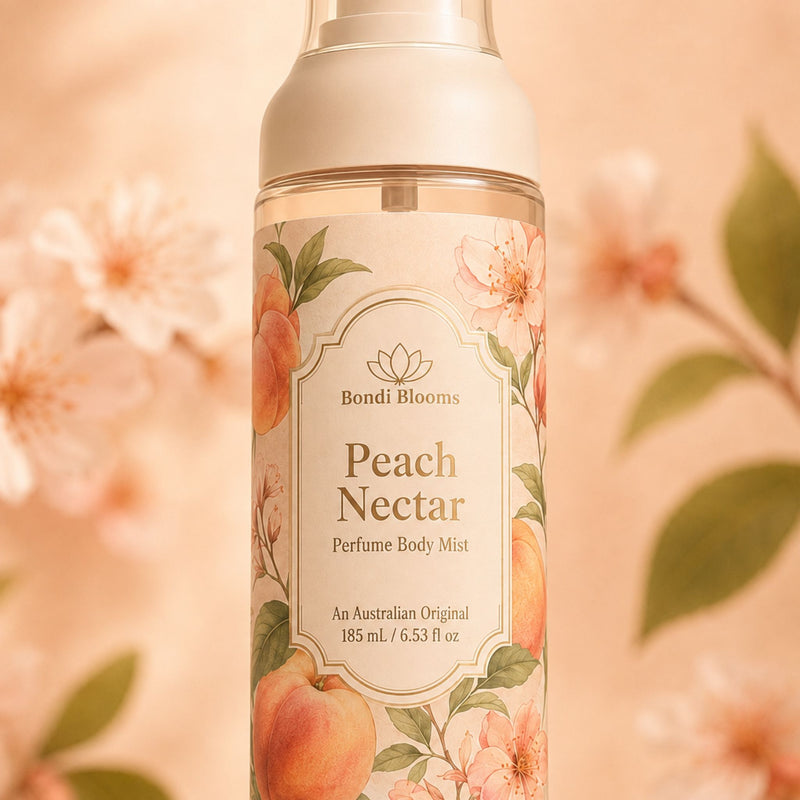 A bottle of Bondi Blooms Peach Nectar Perfume Body Mist, featuring a peach and floral illustration label, set against a soft-focus background of peach blossoms.