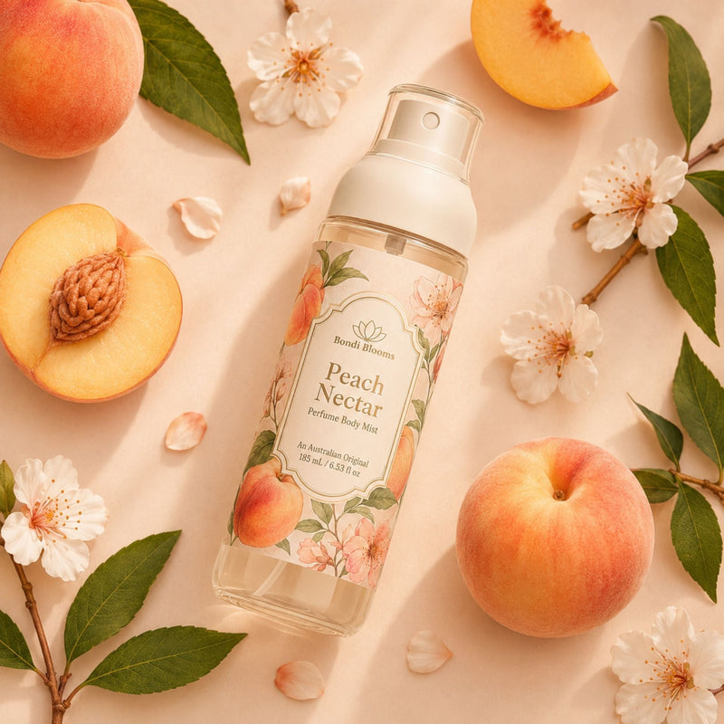 A clear fine mist body perfume bottle labeled 'Peach Nectar' is arranged on a peach-toned surface with whole and sliced peaches, green leaves, and white blossoms.