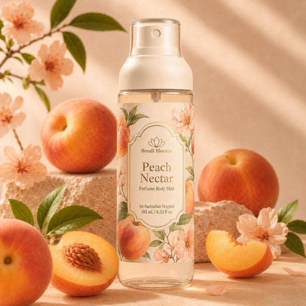 A bottle of Peach Nectar Perfume Body Mist stands on a stone surface surrounded by fresh peaches, peach slices, and blossoms. The bottle has a white cap and a cream label decorated with peach illustrations.