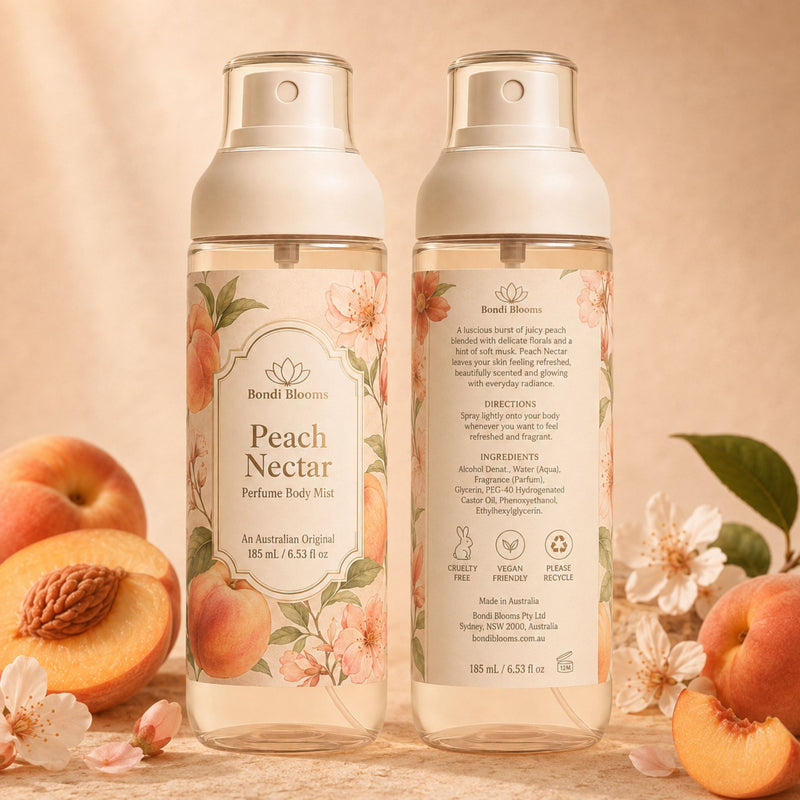 Two fine mist peach nectar body perfume mist shown front and back, with peach illustrations on the labels and peach halves and blossoms around them on a warm beige background.