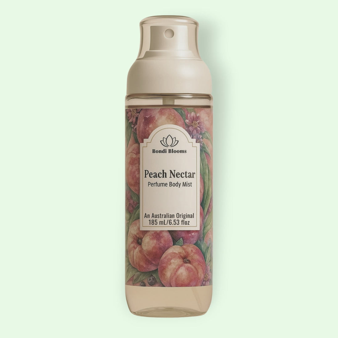 Peach Nectar, long wearing fruity perfume body and hair mist bottle on a light green background representing best body and hair perfume Australian made. 
