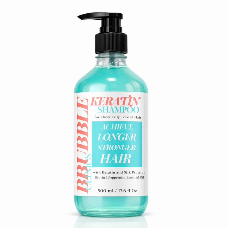 Bubble Clinic Peppermint Keratin Shampoo for damaged and chemically treated hair in a pump bottle.