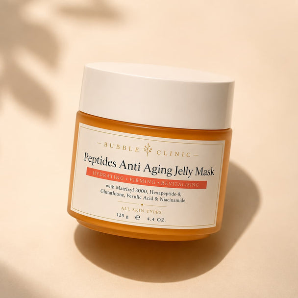 Bubble Clinic Peptides Anti Aging Jelly Mask with premium packaging, hydrating overnight jelly face mask with peptides, glutathione, ferulic acid and niacinamide for smoother, firmer, radiant skin.