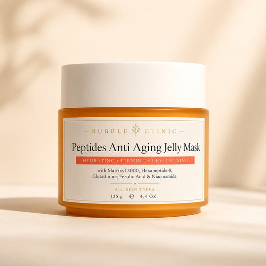 Bubble Clinic Peptides Anti Aging Jelly Mask with premium skincare packaging, hydrating overnight jelly face mask with Matrixyl 3000, Hexapeptide-8, Glutathione, Ferulic Acid and Niacinamide for firmer, smoother, radiant-looking skin.