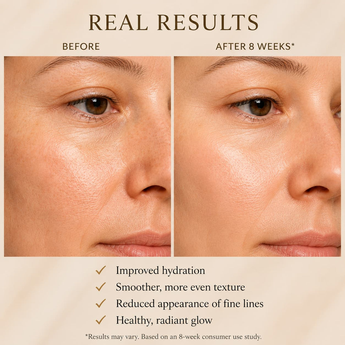 Bubble Clinic Peptides Anti Aging Jelly Mask before and after comparison showing the same customer before use and after consistent use, highlighting a smoother, brighter and more radiant-looking complexion.