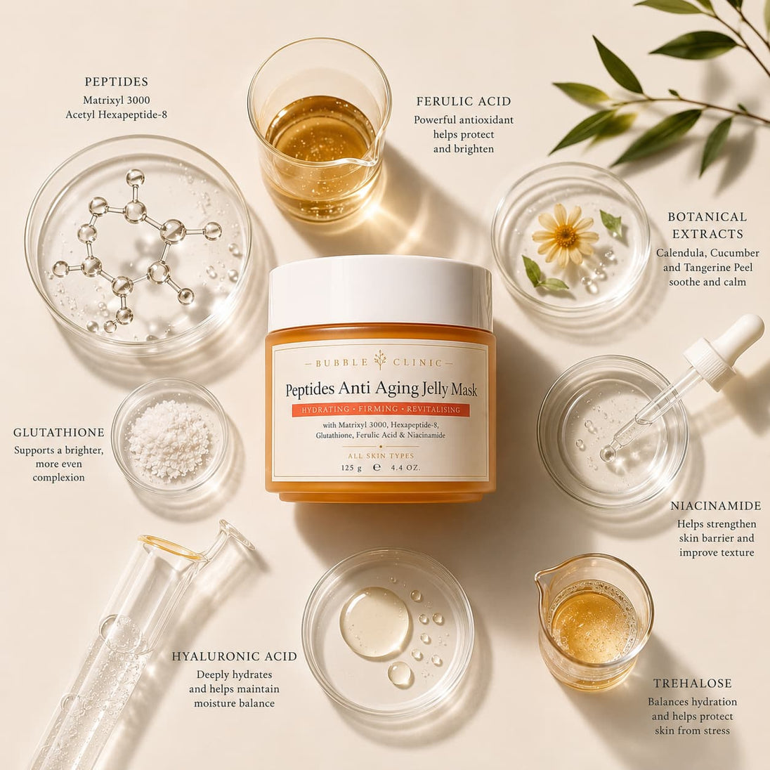Luxury flat lay of the Bubble Clinic Peptides Anti Aging Jelly Mask surrounded by laboratory glassware, peptide-inspired ingredients and botanical extracts, highlighting the science-backed formula with Matrixyl 3000, Acetyl Hexapeptide-8, Ferulic Acid, Glutathione, Niacinamide, Hyaluronic Acid and Trehalose.