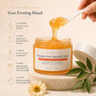 Bubble Clinic Peptides Anti Aging Jelly Mask evening skincare ritual infographic featuring an open amber jar with a spatula lifting the glossy jelly texture, alongside a five-step routine of cleanse, tone, treat, mask and glow in a luxurious spa-inspired setting.