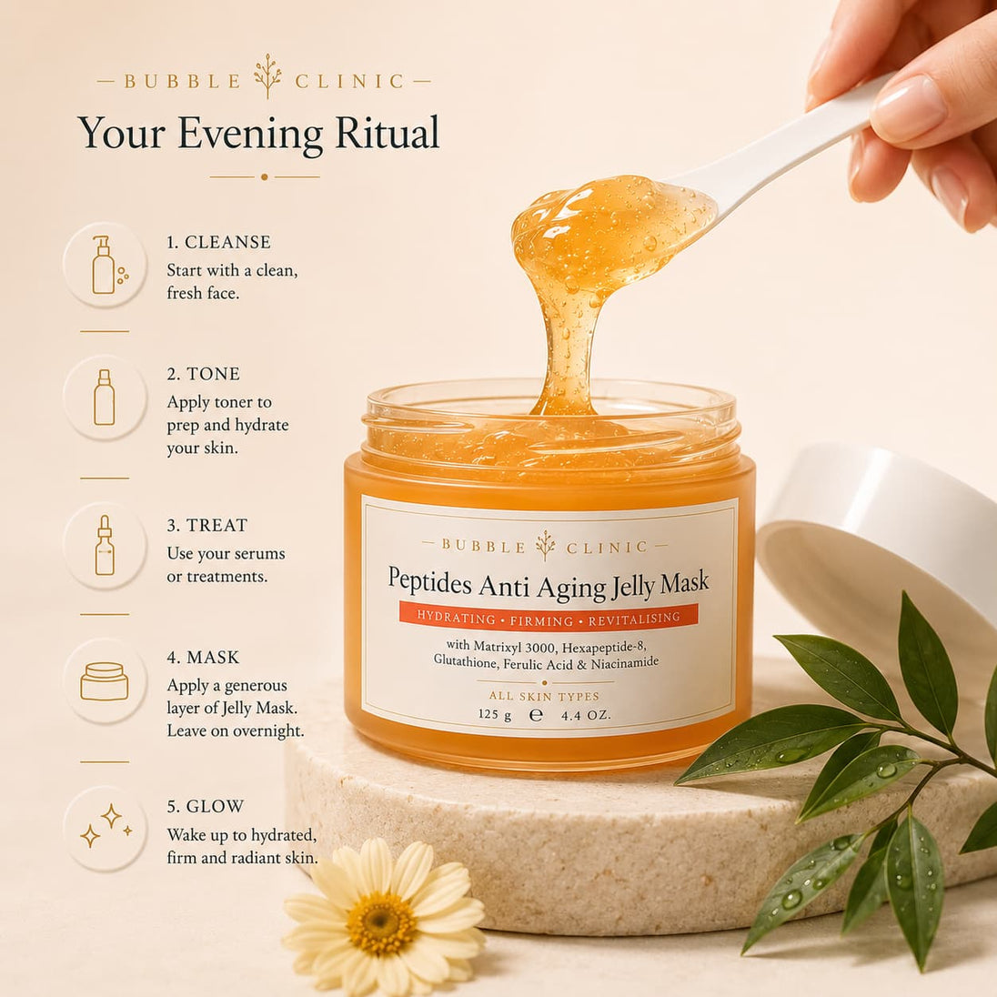 Bubble Clinic Peptides Anti Aging Jelly Mask evening skincare ritual infographic featuring an open amber jar with a spatula lifting the glossy jelly texture, alongside a five-step routine of cleanse, tone, treat, mask and glow in a luxurious spa-inspired setting.