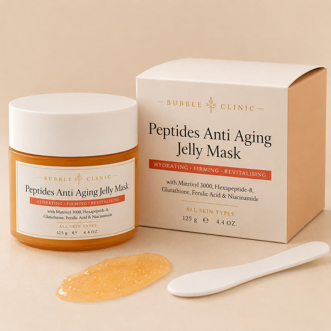 Bubble Clinic Peptides Anti Aging Jelly Mask with premium skincare packaging, hydrating overnight jelly face mask with Matrixyl 3000, Hexapeptide-8, Glutathione, Ferulic Acid and Niacinamide for firmer, smoother, radiant-looking skin.