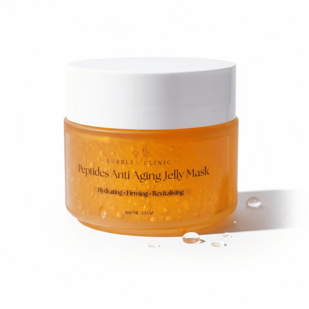 clear glass jar with orange peptides anti aging jelly mask against white background with water droplets representing clean beauty natural australian skincare