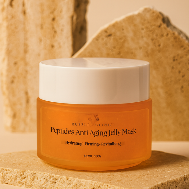 Orange jar of Peptides Anti Aging Jelly Mask with white lid on a beige stone background
