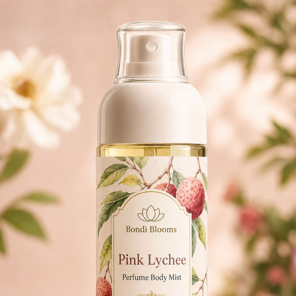 Close-up of Bondi Blooms Pink Lychee Body Mist decorative botanical label and spray bottle