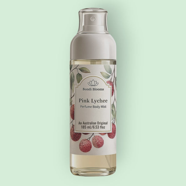 Bottle of Pink Lychee perfume body and hair mist with a label featuring lychee illustrations on a mint background representing best Australian made fruity body and hair perfume.