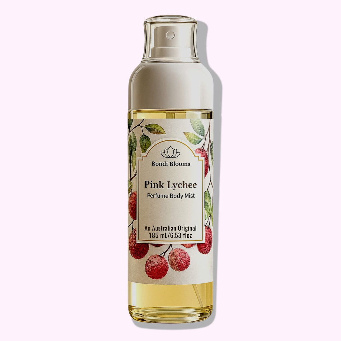 Bottle of Pink Lychee perfume body and hair mist with a label featuring lychee illustrations on a pink background representing best Australian made fruity body and hair perfume.