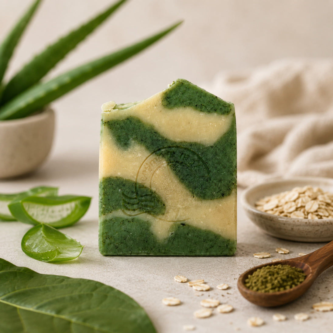 Close-up of handcrafted Aloe & Plantain Soap showing its natural swirl design and creamy artisan finish.
