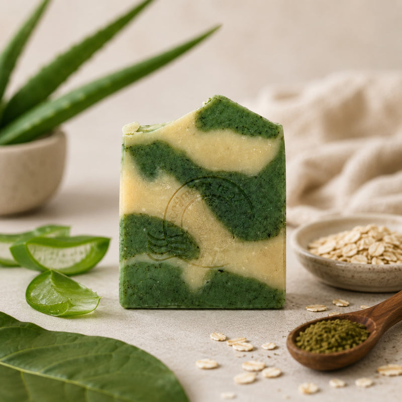 Close-up of handcrafted Aloe Vera and Plantain Soap swirl pattern