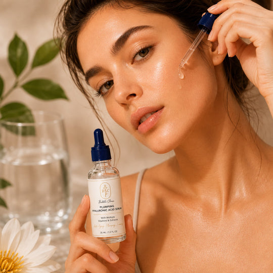 Plumping Hyaluronic Acid Serum being applied by woman to her cheek. The bottle label reads 'Bubble Clinic, Plumping Hyaluronic Acid Serum - representing best natural Australian Skincare.
