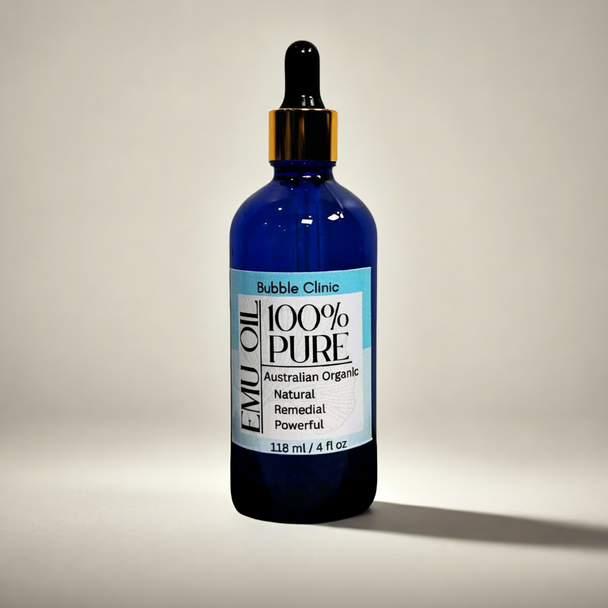 Bottle of 100% Pure Emu Oil from Bubble Clinic on a neutral background
