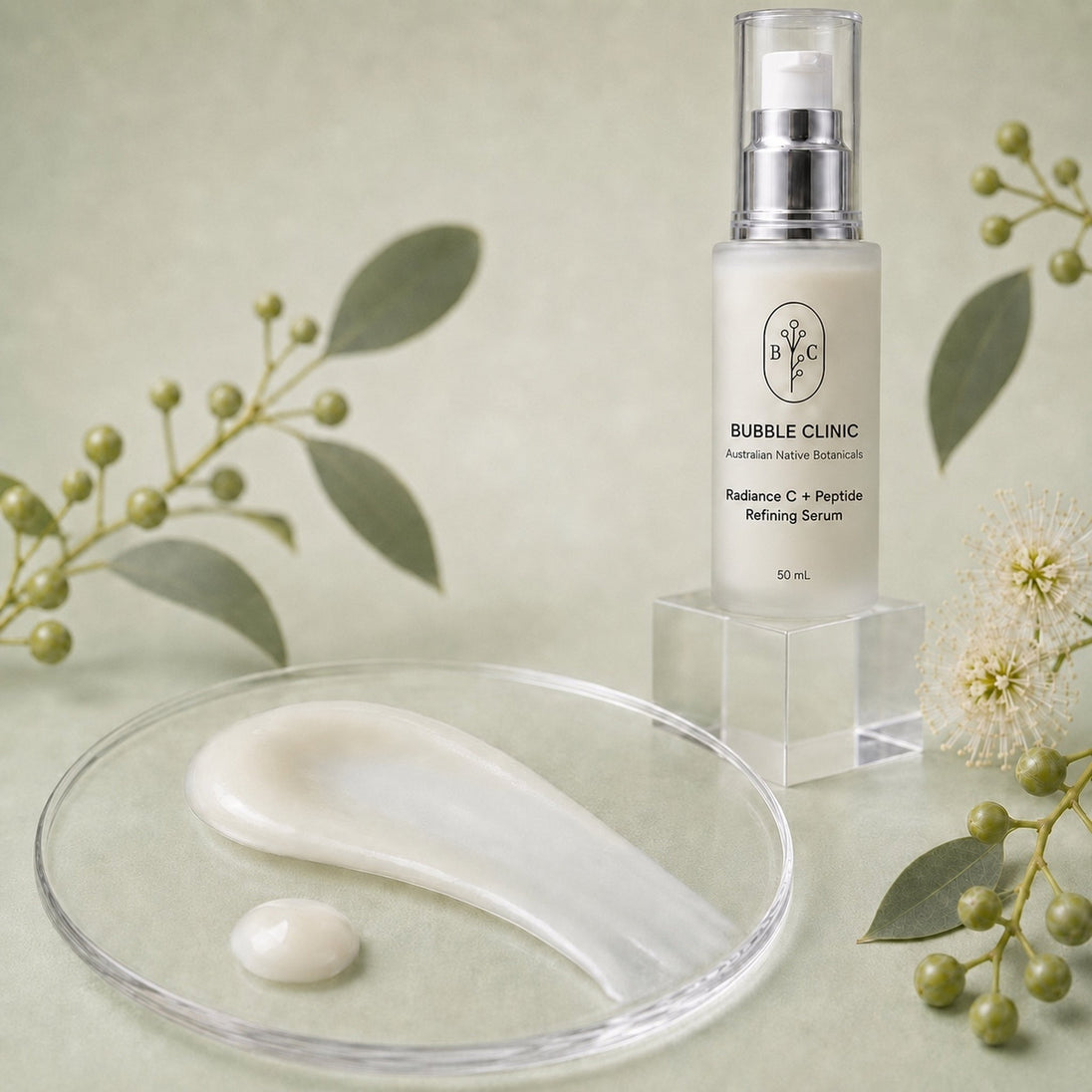 Creamy lightweight texture of Bubble Clinic Radiance C + Peptide Refining Serum with frosted 50 mL bottle