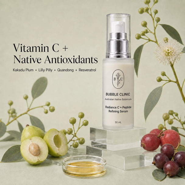 Bubble Clinic Radiance C + Peptide Refining Serum with vitamin C, Kakadu Plum, Lilly Pilly, Quandong and resveratrol hero ingredients
