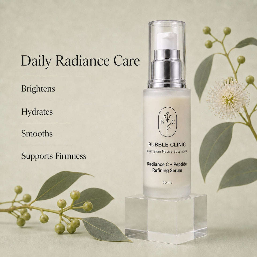 Bubble Clinic Radiance C + Peptide Refining Serum key benefits for brighter, hydrated, smoother and firmer-looking skin