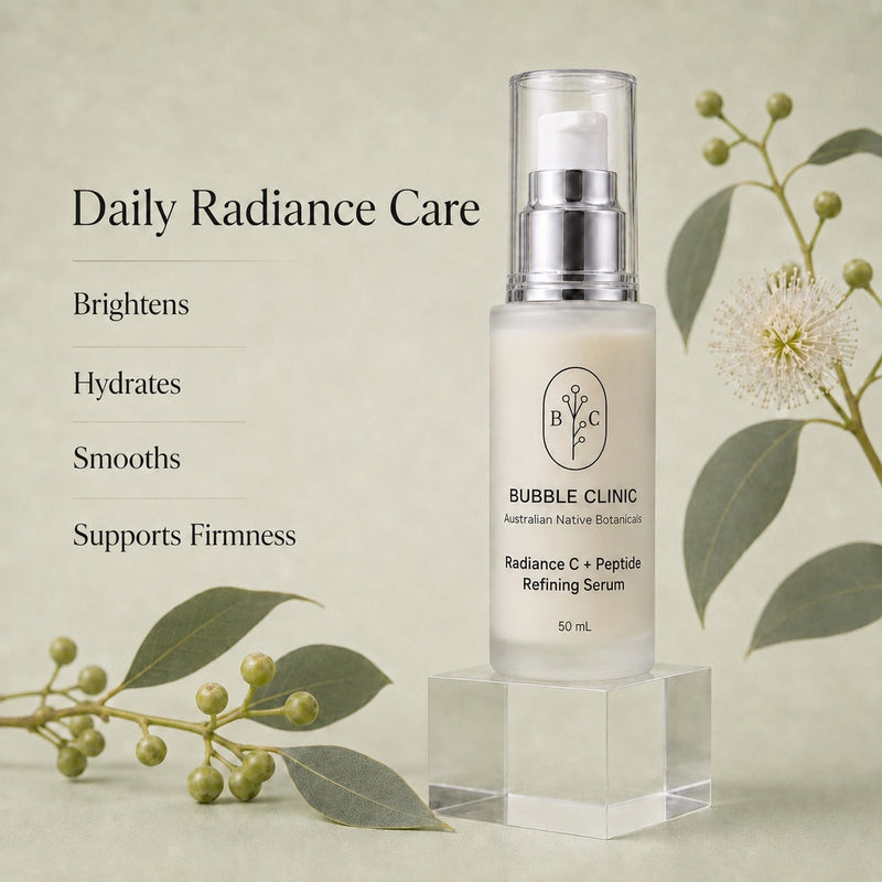 Bubble Clinic Radiance C + Peptide Refining Serum key benefits for brighter, hydrated, smoother and firmer-looking skin