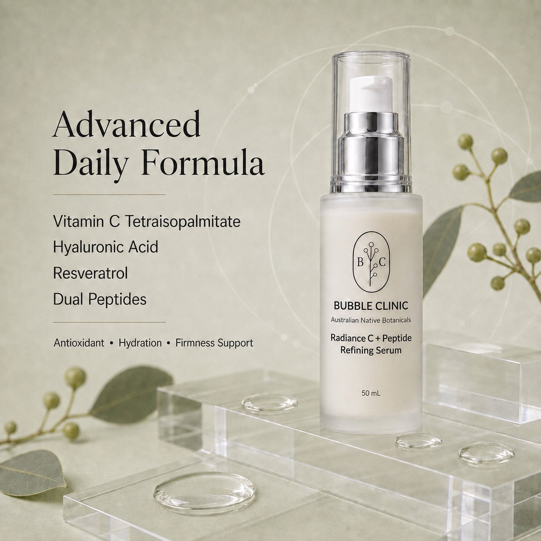 Bubble Clinic Radiance C + Peptide Refining Serum active highlights with vitamin C tetraisopalmitate, hyaluronic acid, resveratrol and dual peptides