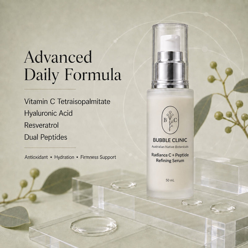 Bubble Clinic Radiance C + Peptide Refining Serum active highlights with vitamin C tetraisopalmitate, hyaluronic acid, resveratrol and dual peptides