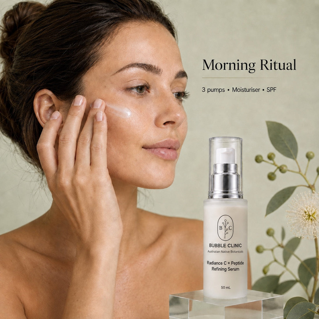 Woman applying Bubble Clinic Radiance C + Peptide Refining Serum in a morning skincare routine before moisturiser and SPF