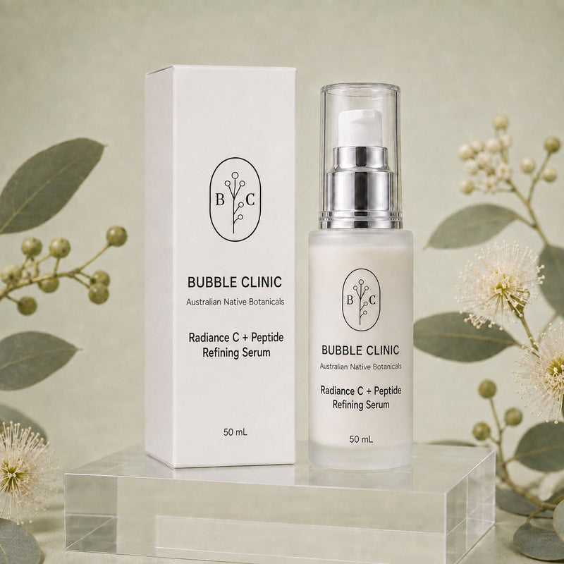 Bubble Clinic Radiance C + Peptide Refining Serum 50 mL with matching carton and Australian native botanical styling