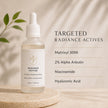 Radiance Peptide serum bottle with listed actives including Matrixyl 3000, 2% alpha arbutin, niacinamide and hyaluronic acid serum actives