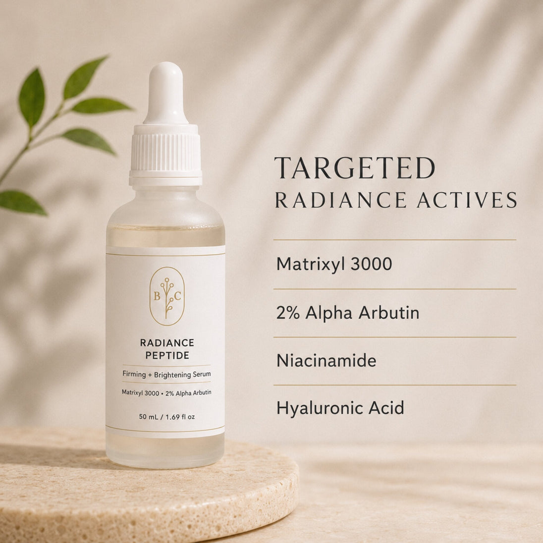 Radiance Peptide serum bottle with listed actives including Matrixyl 3000, 2% alpha arbutin, niacinamide and hyaluronic acid serum actives