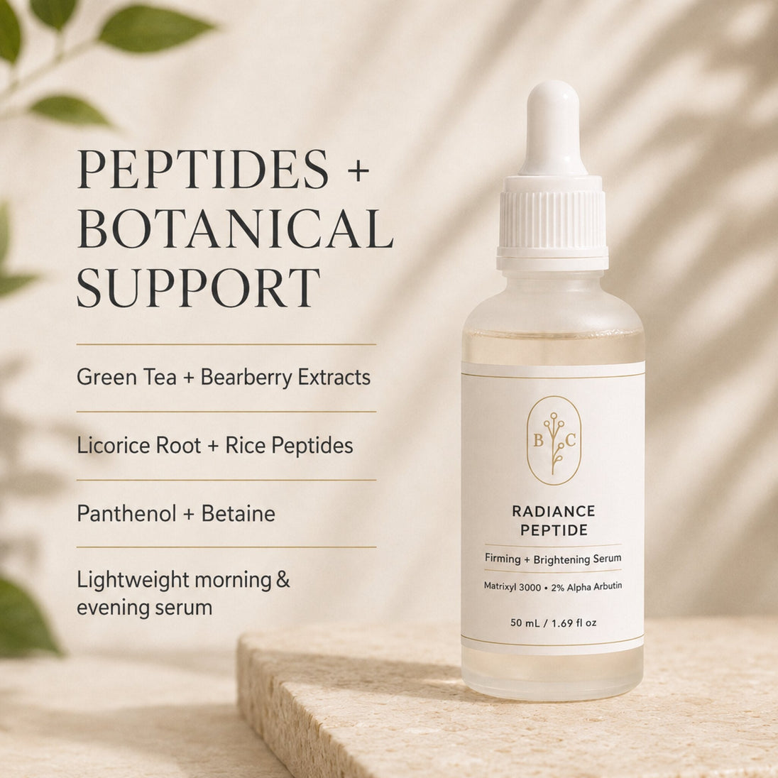Peptide serum formula with green tea, bearberry, licorice root and panthenol