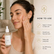 Female applying radiance peptide serum to cheek with detailed list How to apply Radiance Peptide Serum before moisturiser and daytime sunscreen